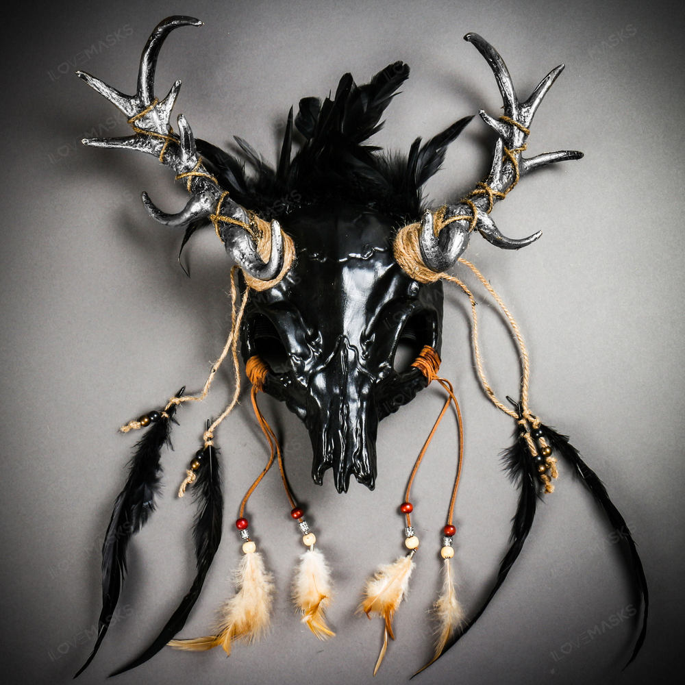 Antelope Devil Silver Deer Horn Skull Ghost Masquerade Mask - Black